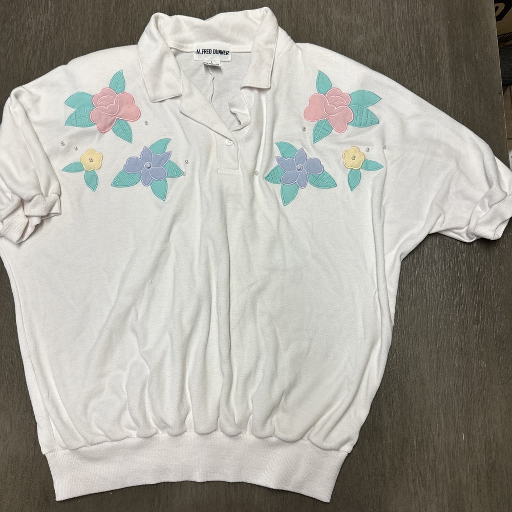 Vintage Alfred Dunner Floral Beaded Polo, Size L V3
